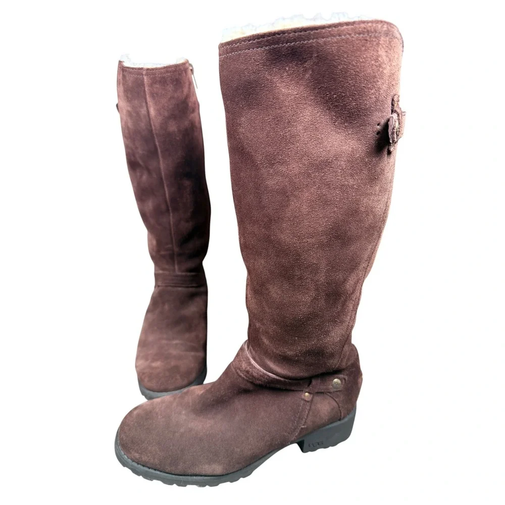 UGG Australia Jillian Boots 7.5 Brown Suede Sheepskin Tall Winter Boot Apres Ski